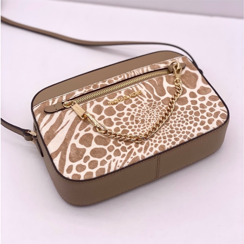 Michael Kors Large EW Zip Chain Crossbody Bag Camel color with real calf hair - Picture 7 of 11